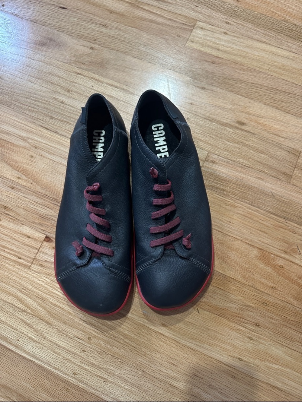 Camper Black Leather Sneakers with Burgundy Laces